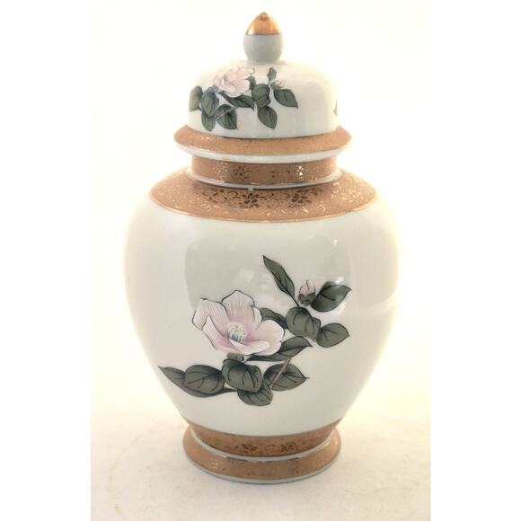GINGER JAR/JAPAN-Cherry Blossoms-Bird-Gold Tone Trim-Cream Color-Lid-Shelf Decor - Picture 4 of 14